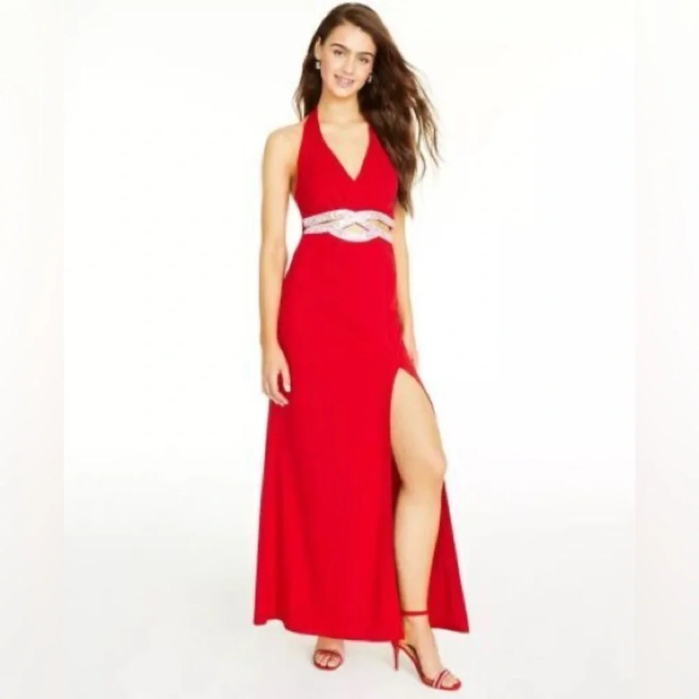 Speechless Red Prom / PageantGown with Halter Neckline and Silver Embellishments - Picture 5 of 10